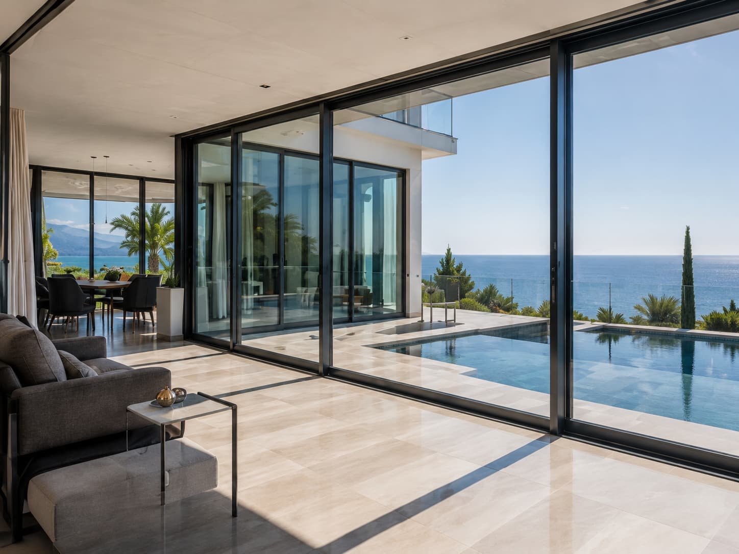 Seafront living room with panoramic aluminium sliding doors by the pool
