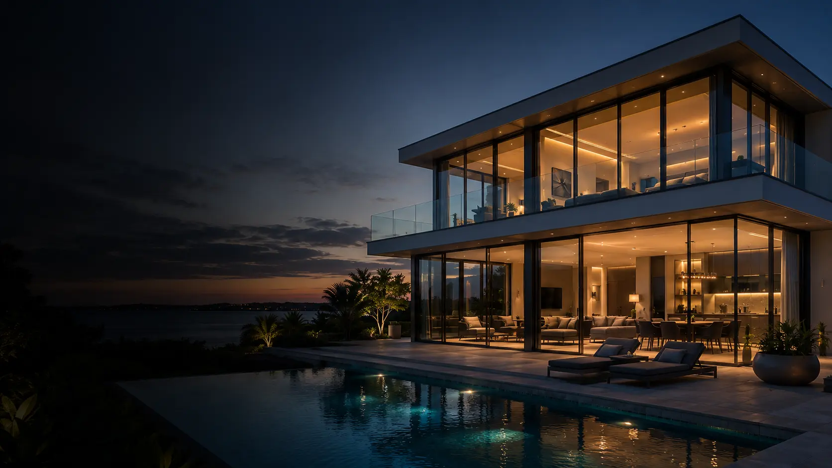 Modern villa with floor-to-ceiling aluminium glazing at dusk