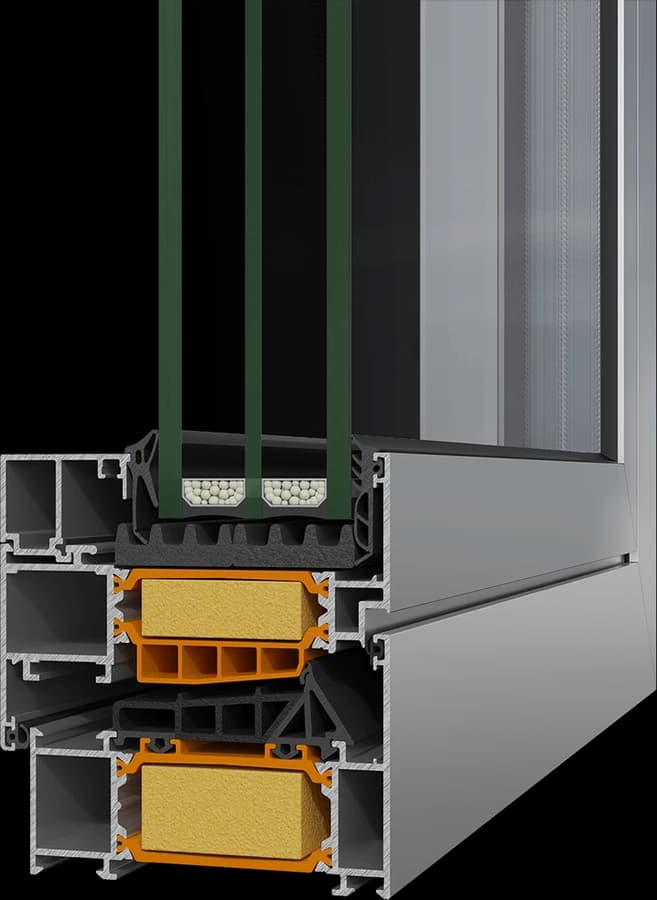Cutaway of an Alumil SUPREME S91 thermally insulated aluminium window profile