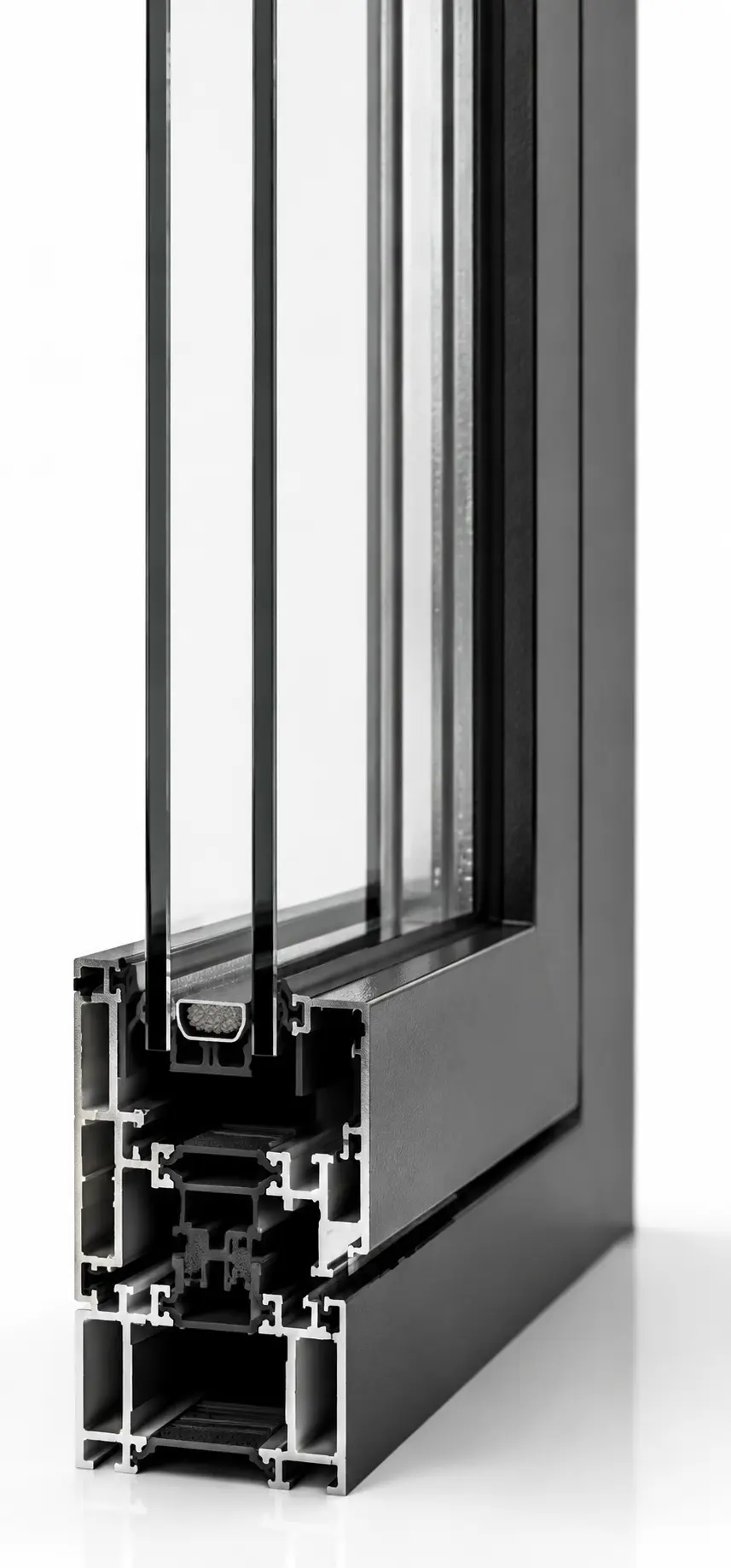 Cross-section of a thermally insulated aluminium window profile